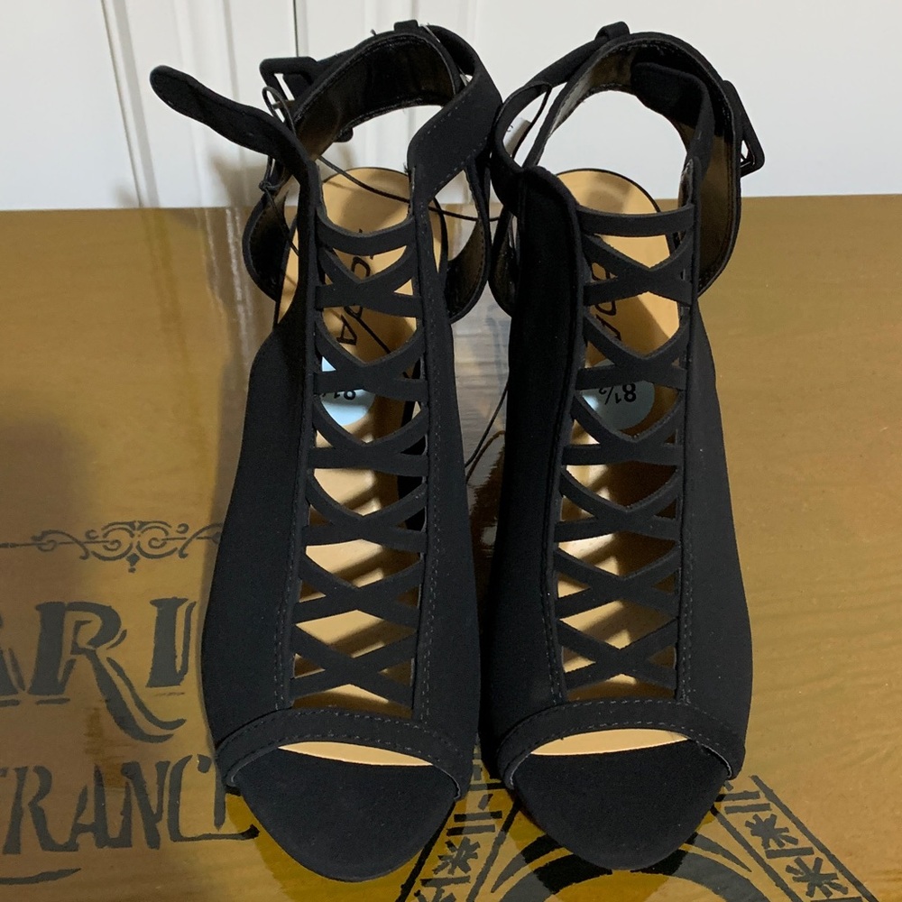 Soda Black  Cutout Peep-Toe Ankle Strap Heels NWT